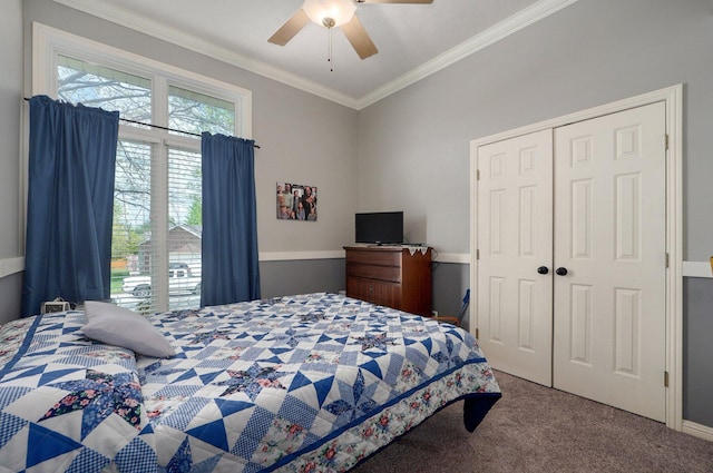 carpeted bedroom with ornamental molding, a ceiling fan, and a closet