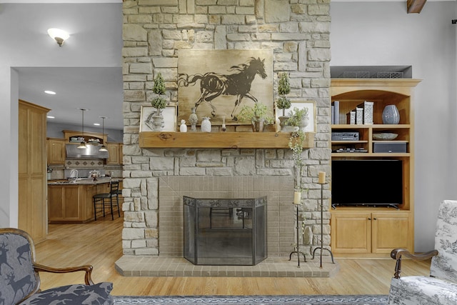 living area featuring a stone fireplace and light wood-style flooring