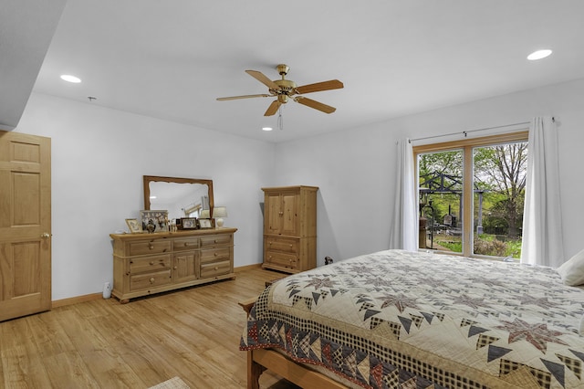 bedroom featuring recessed lighting, ceiling fan, baseboards, and light wood-style floors