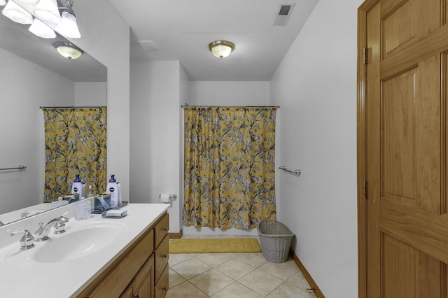 full bath featuring tile patterned floors, a shower with curtain, and vanity