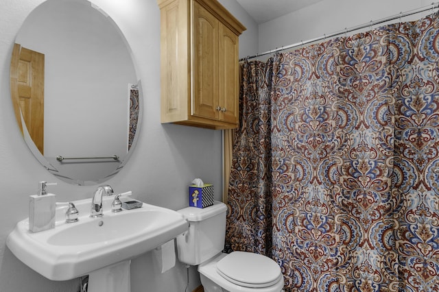 full bathroom featuring toilet, a shower with shower curtain, and a sink