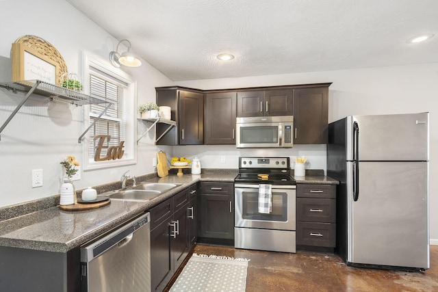 kitchen featuring dark brown cabinetry, stainless steel appliances, concrete floors, dark countertops, and a sink