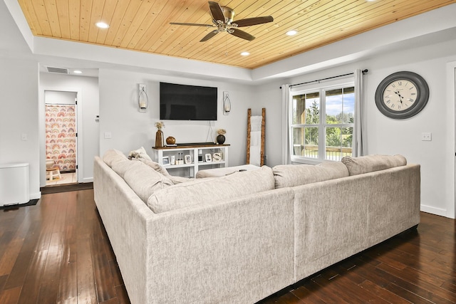 living area featuring a ceiling fan, visible vents, wooden ceiling, and a raised ceiling