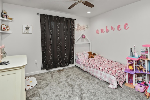 carpeted bedroom with recessed lighting, visible vents, ceiling fan, and baseboards