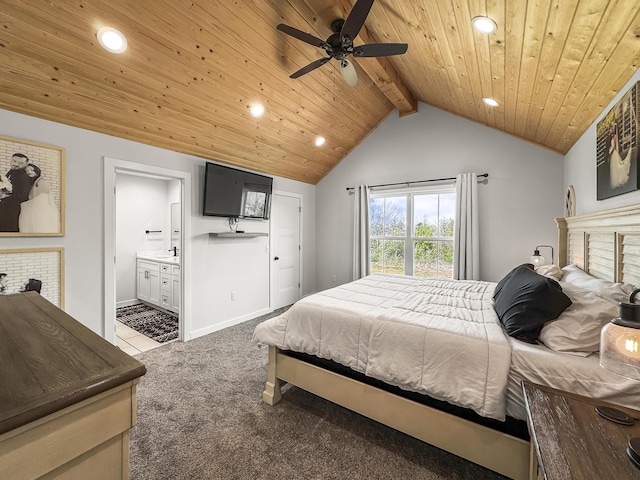 bedroom featuring recessed lighting, lofted ceiling with beams, wooden ceiling, carpet flooring, and baseboards