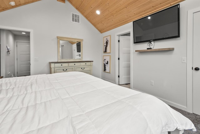 bedroom with recessed lighting, high vaulted ceiling, visible vents, baseboards, and wood ceiling