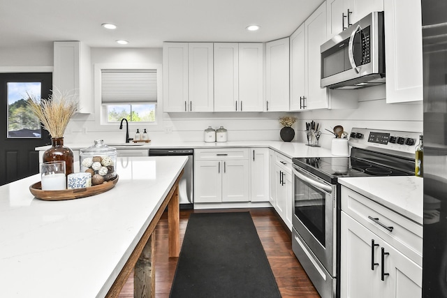 kitchen with white cabinetry, recessed lighting, stainless steel appliances, and a sink