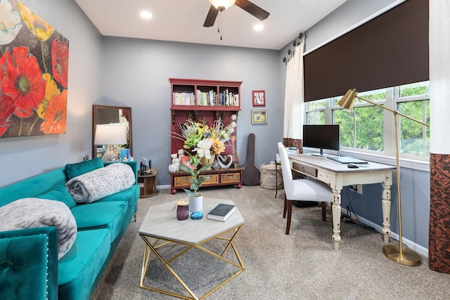 carpeted office with recessed lighting and ceiling fan