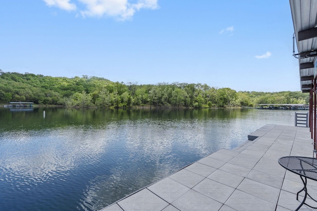 view of dock with a water view and a forest view