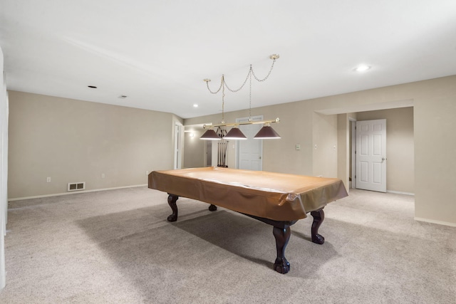 playroom with baseboards, visible vents, light carpet, and billiards