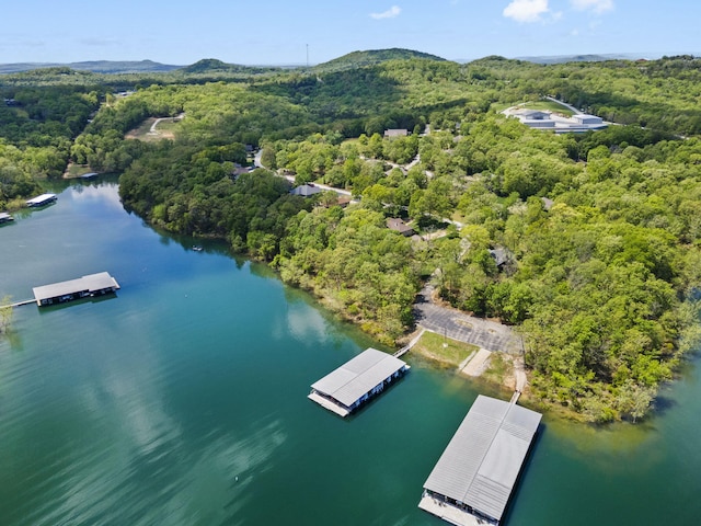bird's eye view with a water and mountain view and a wooded view