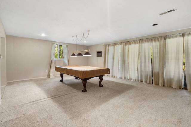 rec room featuring carpet flooring, visible vents, baseboards, recessed lighting, and billiards