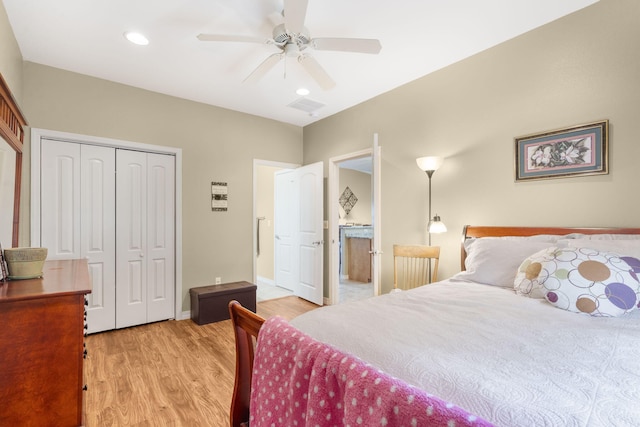 bedroom featuring light wood-style floors, ceiling fan, visible vents, a closet, and recessed lighting