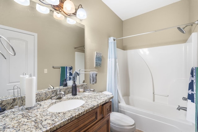 full bathroom with toilet, shower / bath combo with shower curtain, and vanity