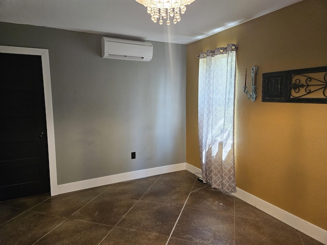 unfurnished dining area featuring a chandelier, baseboards, dark tile patterned flooring, and a wall mounted AC