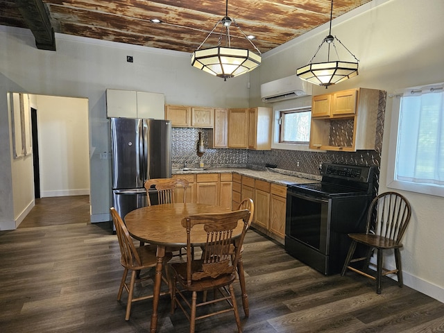 kitchen with light brown cabinets, decorative backsplash, stainless steel appliances, an AC wall unit, and dark wood-style floors