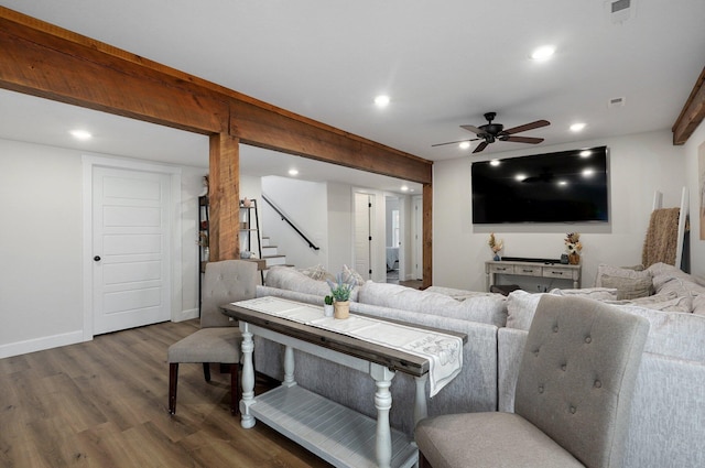 9247 State Highway 13, Kimberling City, MO 65686 - living room featuring baseboards, ceiling fan, stairway, recessed lighting, and dark wood finished floors
