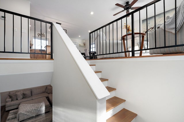 9247 State Highway 13, Kimberling City, MO 65686 - staircase featuring a healthy amount of sunlight, a ceiling fan, recessed lighting, and wood finished floors