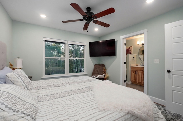 9247 State Highway 13, Kimberling City, MO 65686 - bedroom featuring wood finished floors, baseboards, recessed lighting, connected bathroom, and a ceiling fan