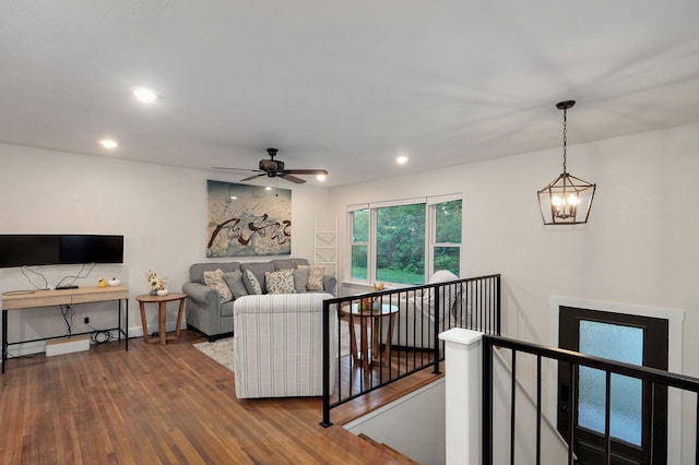 9247 State Highway 13, Kimberling City, MO 65686 - living area with baseboards, ceiling fan with notable chandelier, recessed lighting, and wood finished floors