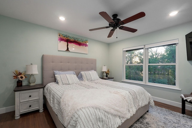 9247 State Highway 13, Kimberling City, MO 65686 - bedroom with dark wood finished floors, baseboards, ceiling fan, and recessed lighting