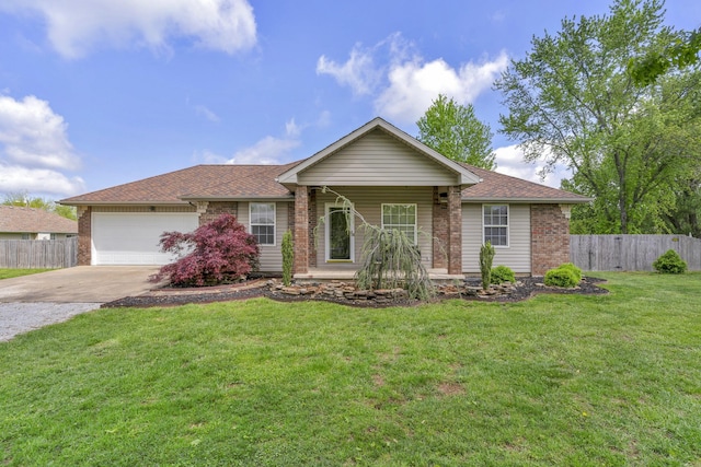 ranch-style house featuring brick siding, a garage, fence, and concrete driveway