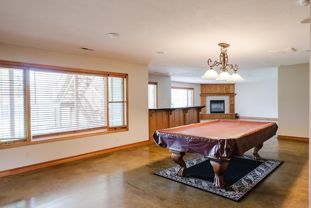 game room featuring baseboards, a fireplace, billiards, and visible vents
