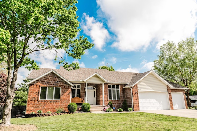 ranch-style house with a shingled roof, brick siding, a garage, a front yard, and concrete driveway