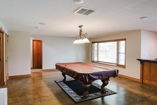 rec room featuring baseboards, visible vents, billiards, and finished concrete flooring