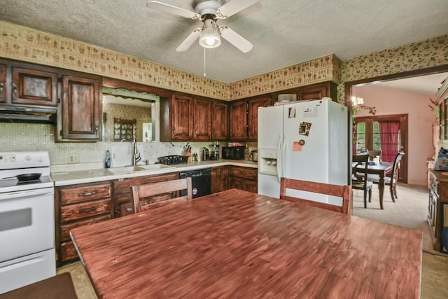 kitchen featuring a ceiling fan, a textured ceiling, a sink, ventilation hood, and white appliances
