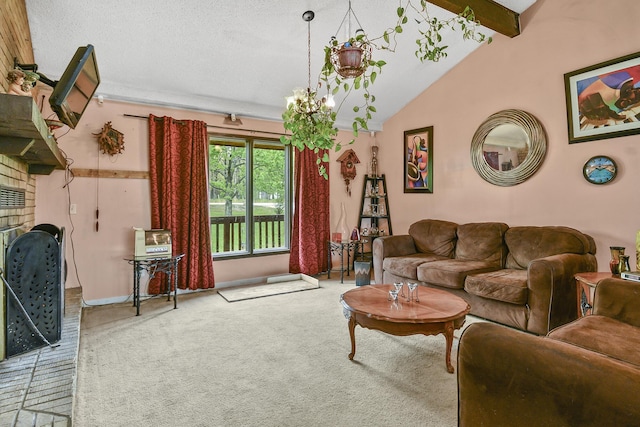 carpeted living room featuring lofted ceiling with beams