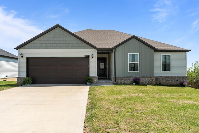 1418 S Lorraine Ave, Republic, MO 65738 - ranch-style home featuring a shingled roof, an attached garage, board and batten siding, a front yard, and driveway