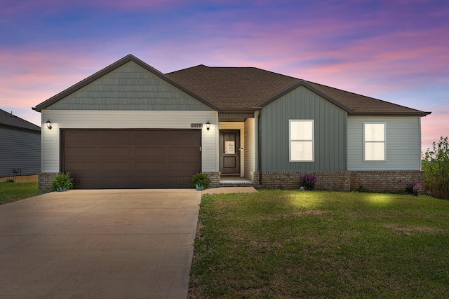1418 S Lorraine Ave, Republic, MO 65738 - single story home featuring driveway, a shingled roof, board and batten siding, an attached garage, and a yard