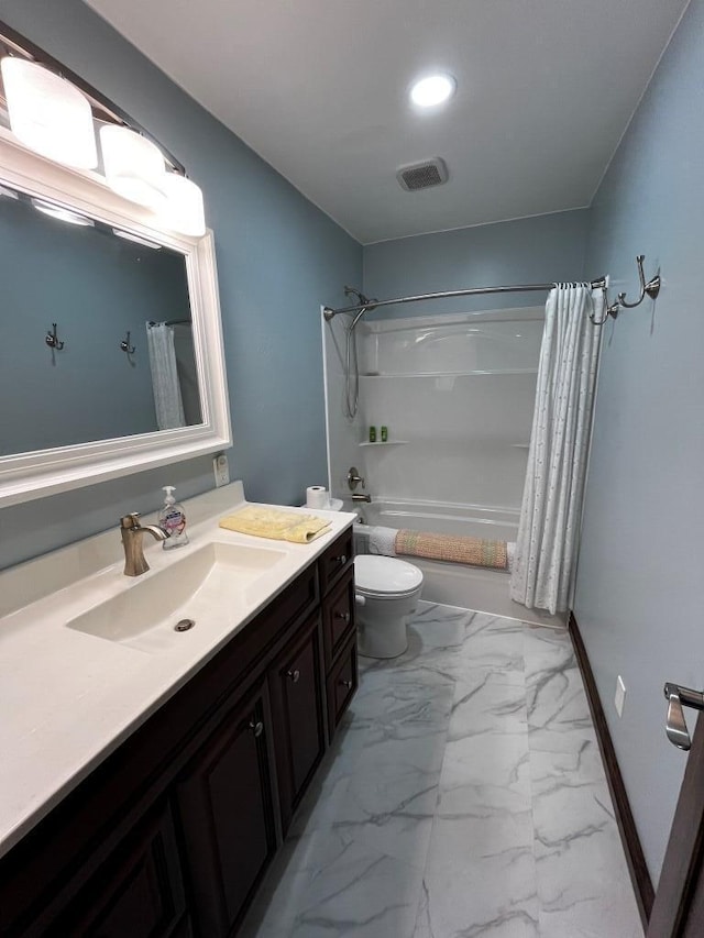 full bath featuring visible vents, vanity, toilet, marble finish floor, and shower / tub combo with curtain