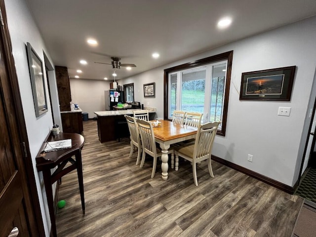 dining room featuring recessed lighting, baseboards, ceiling fan, and dark wood-style floors