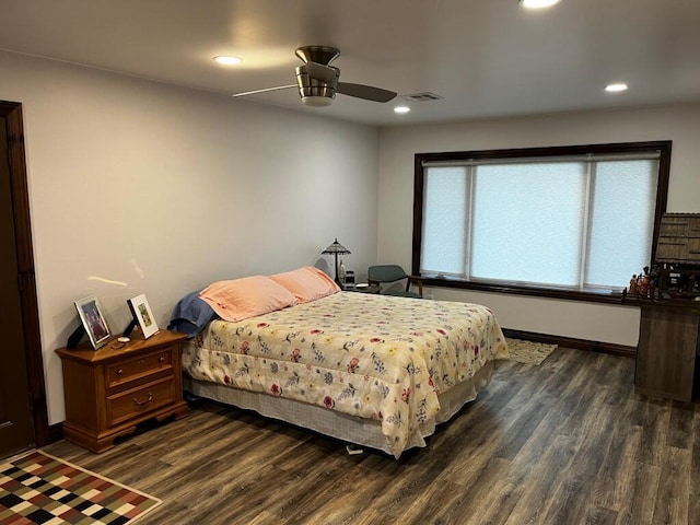 bedroom with recessed lighting, a ceiling fan, baseboards, and dark wood-style floors