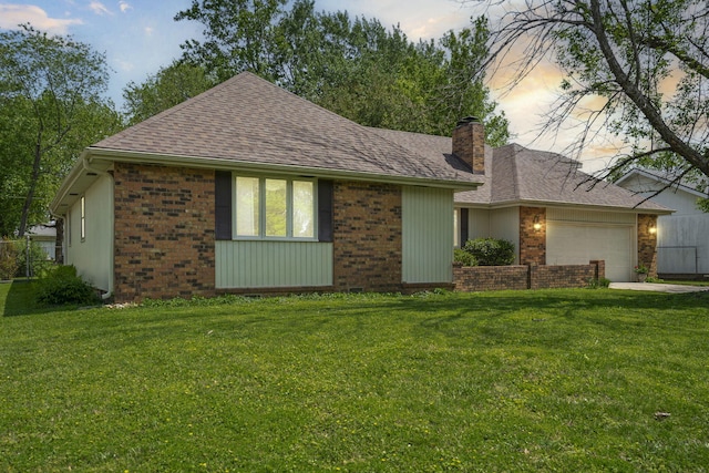 3660 S Ferguson Ave, Springfield, MO 65807 - ranch-style house with brick siding, an attached garage, a shingled roof, and a chimney