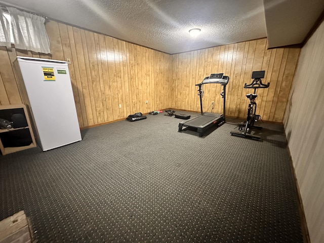 workout room featuring wooden walls, a textured ceiling, and carpet