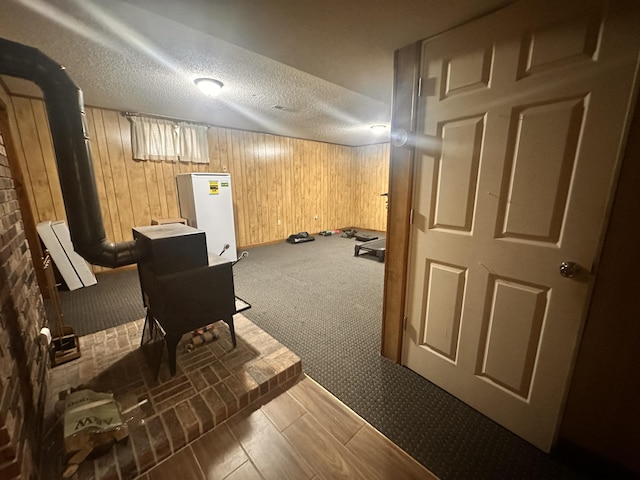 finished below grade area featuring carpet floors, a textured ceiling, and wood walls