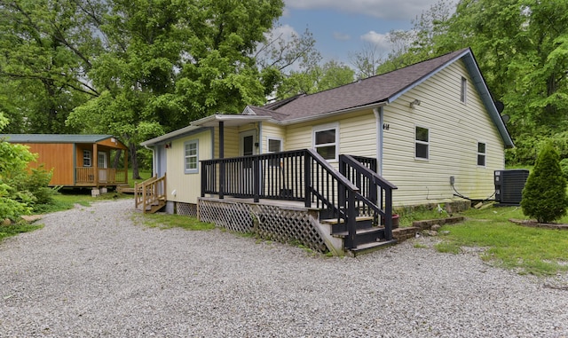 418 S 5th St, Branson, MO 65616 - rear view of house with central AC, a wooden deck, and roof with shingles