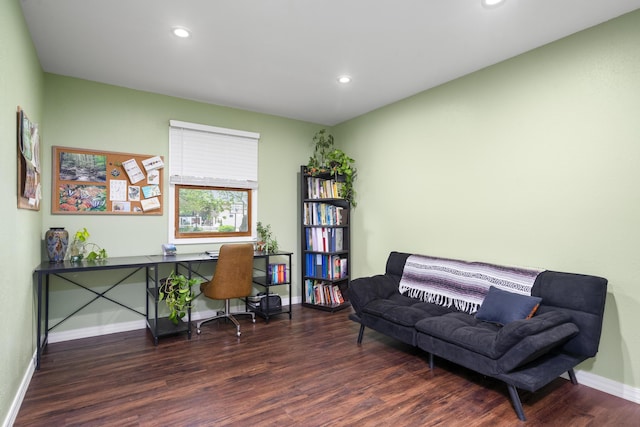 office area featuring baseboards, recessed lighting, and wood finished floors