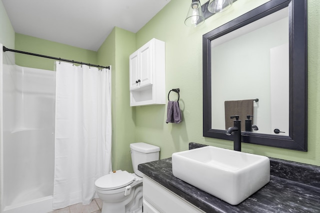 full bath with vanity, tile patterned floors, toilet, and a shower with shower curtain