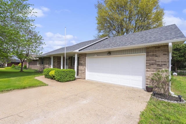single story home with concrete driveway, brick siding, a shingled roof, and a garage