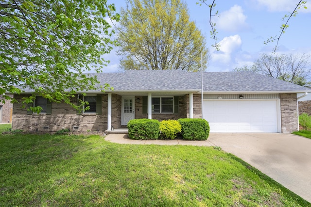 single story home with a shingled roof, brick siding, a garage, a front yard, and driveway