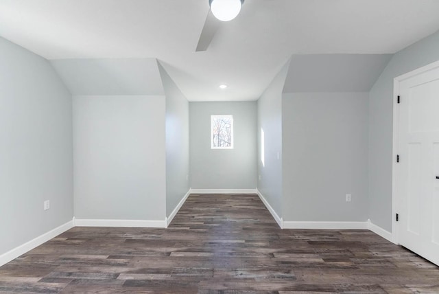 bonus room with wood finished floors, baseboards, ceiling fan, recessed lighting, and vaulted ceiling
