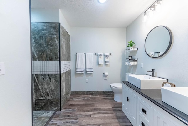 bathroom with vanity, walk in shower, wood finished floors, and toilet