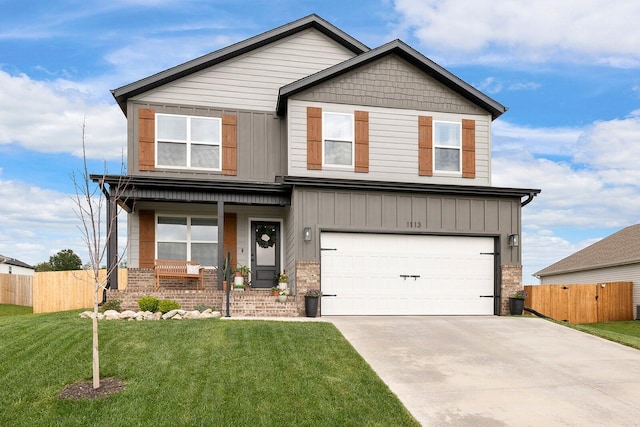 craftsman-style home featuring a garage, fence, covered porch, and a front yard