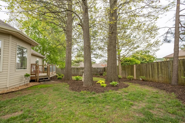 view of yard with a fenced backyard and a deck