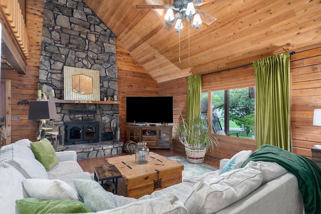 121 Waverly St, Hollister, MO 65672 - living area featuring wooden walls, ceiling fan, wooden ceiling, and wood finished floors