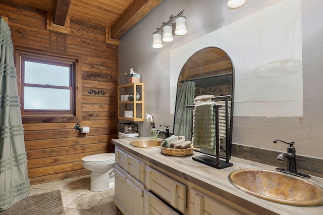 121 Waverly St, Hollister, MO 65672 - full bath featuring a sink, wood ceiling, wooden walls, and beam ceiling